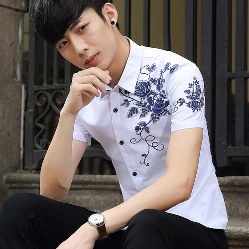 夏季印花薄款男装短袖白衬衫
