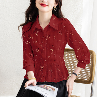 红色碎花棉麻衫女长袖翻领衬衫职业通勤气质百搭显瘦小个子上衣服