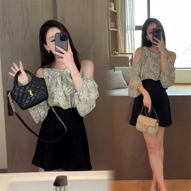 法式碎花露肩挂脖防晒衬衫套装女夏季设计感小众西装短裤子两件套