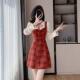小香风红色连衣裙女2025年春秋款 新款 小个子格子富家千金a字短裙