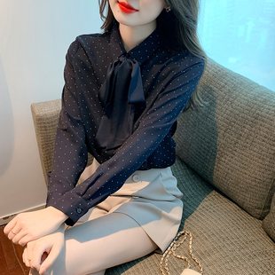 蝴蝶结衬衫女长袖秋季设计感小众波点印花雪纺上衣时尚职业装衬衣