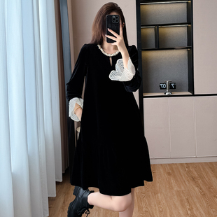 小个子连衣裙女装春季新款女装丝绒复古假两件套拼接高级感小黑裙