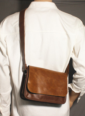 threebox日系复古皮质挎包单肩背包小方包休闲胸包潮男包包邮差包