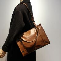 ThreeBox men's leather single-shoulder bag with Japanese and Korean style, casual large-capacity tote bag, brown horizontal square bag for women thumbnail 3