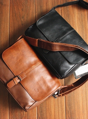 Three-box男包斜挎包复古单肩包商务休闲横款原创搭扣男士邮差包