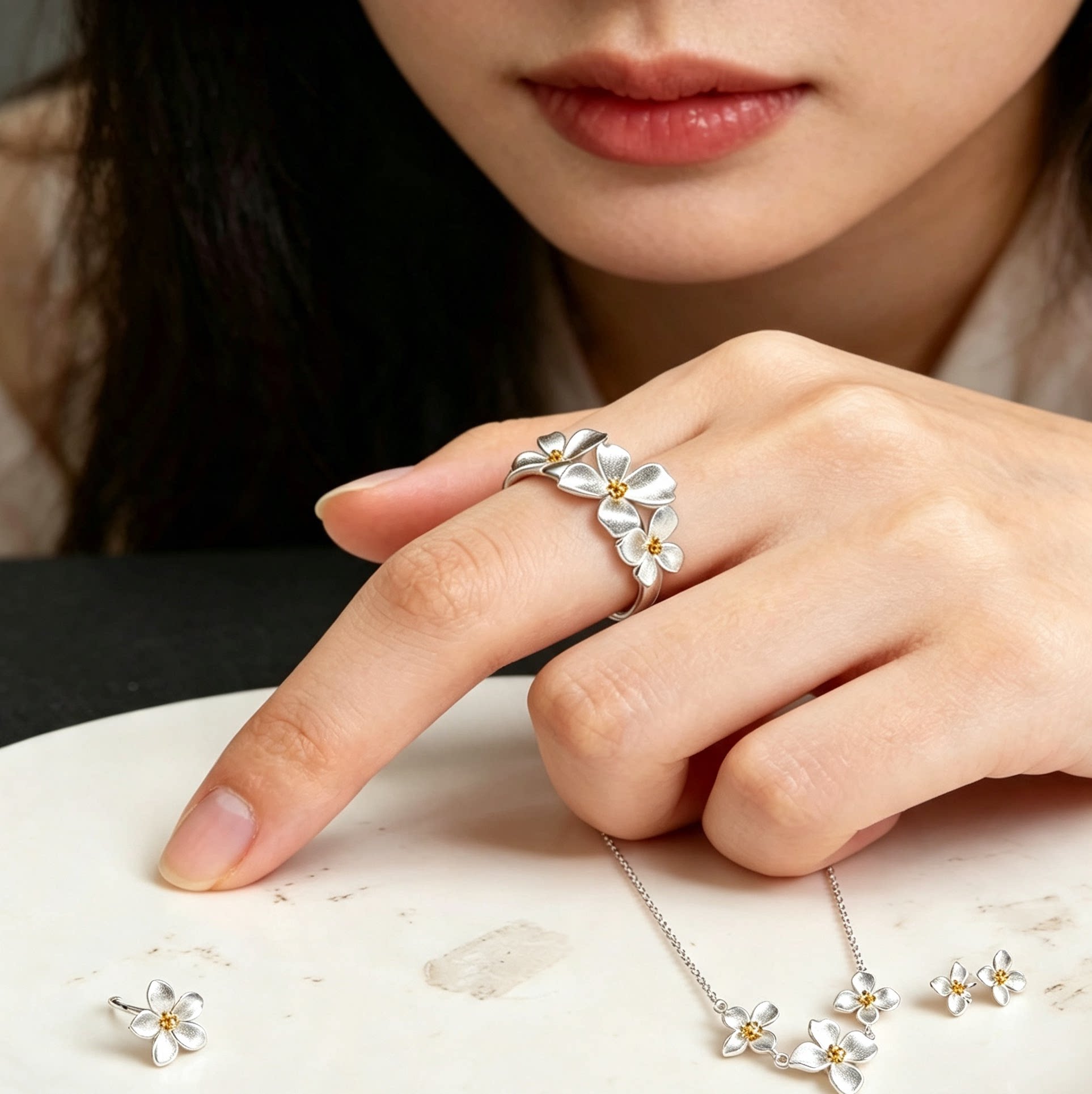 清新森系栀子花戒指女可调节开口戒小众设计感食指戒三件套