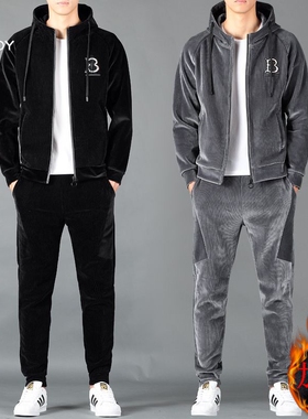 花花公子金丝绒卫衣套装男秋冬季外套潮流加绒加厚运动休闲套装