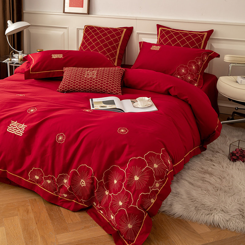 婚庆公主风60支红色长绒棉绣花1.8m四件套全棉床上用品被套韩式