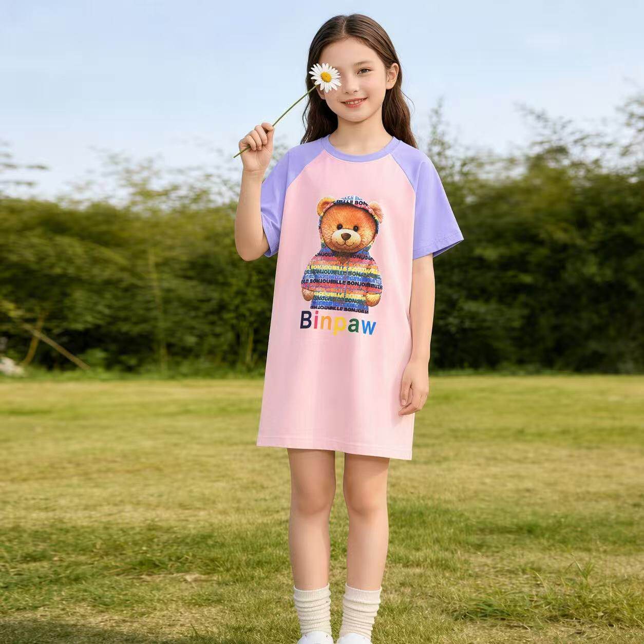 童装女童长款包臀短袖T恤夏季长款圆领简约休闲撞色袖上衣裙
