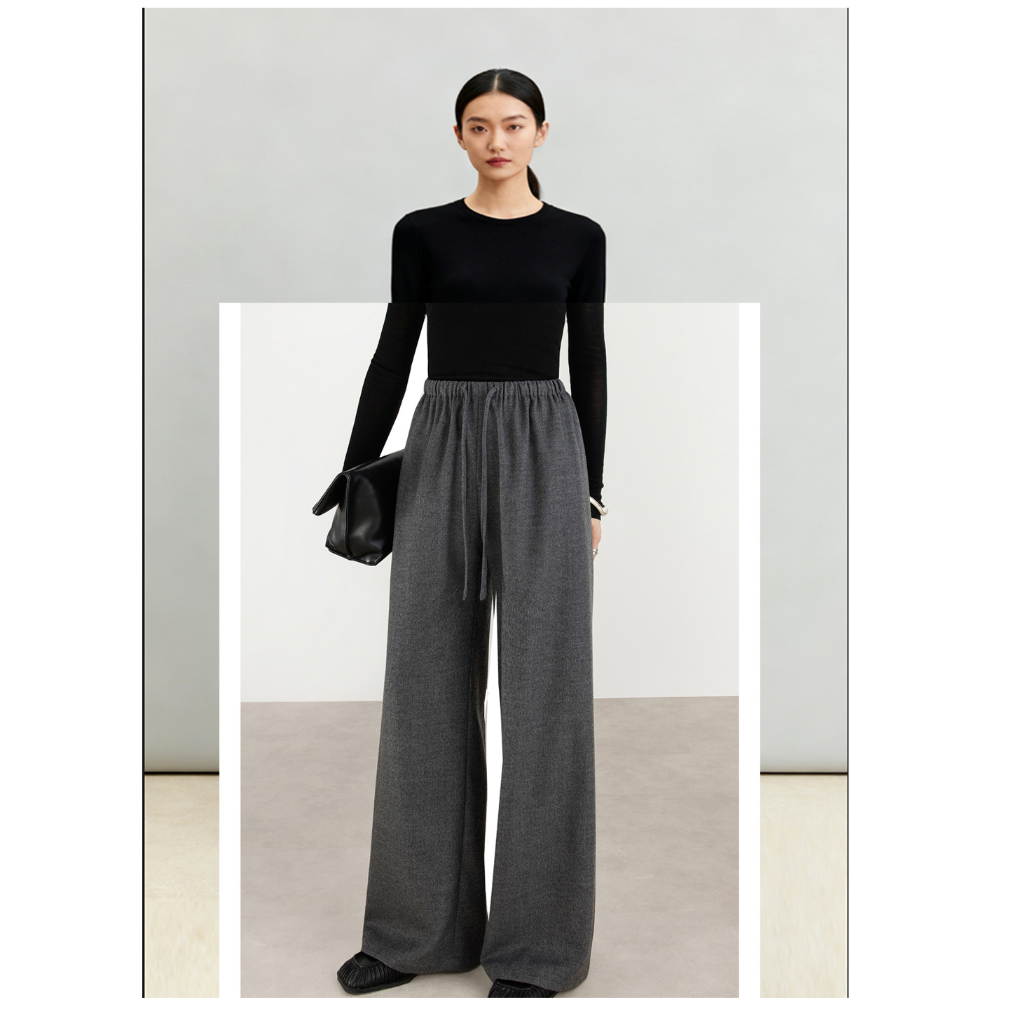 加厚加绒松紧口袋宽松腰阔腿裤女