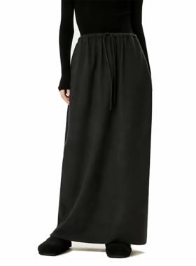 秋冬2025新款松紧腰抽绳羊毛醋酸半身裙子女百搭舒适显瘦黑色长裙