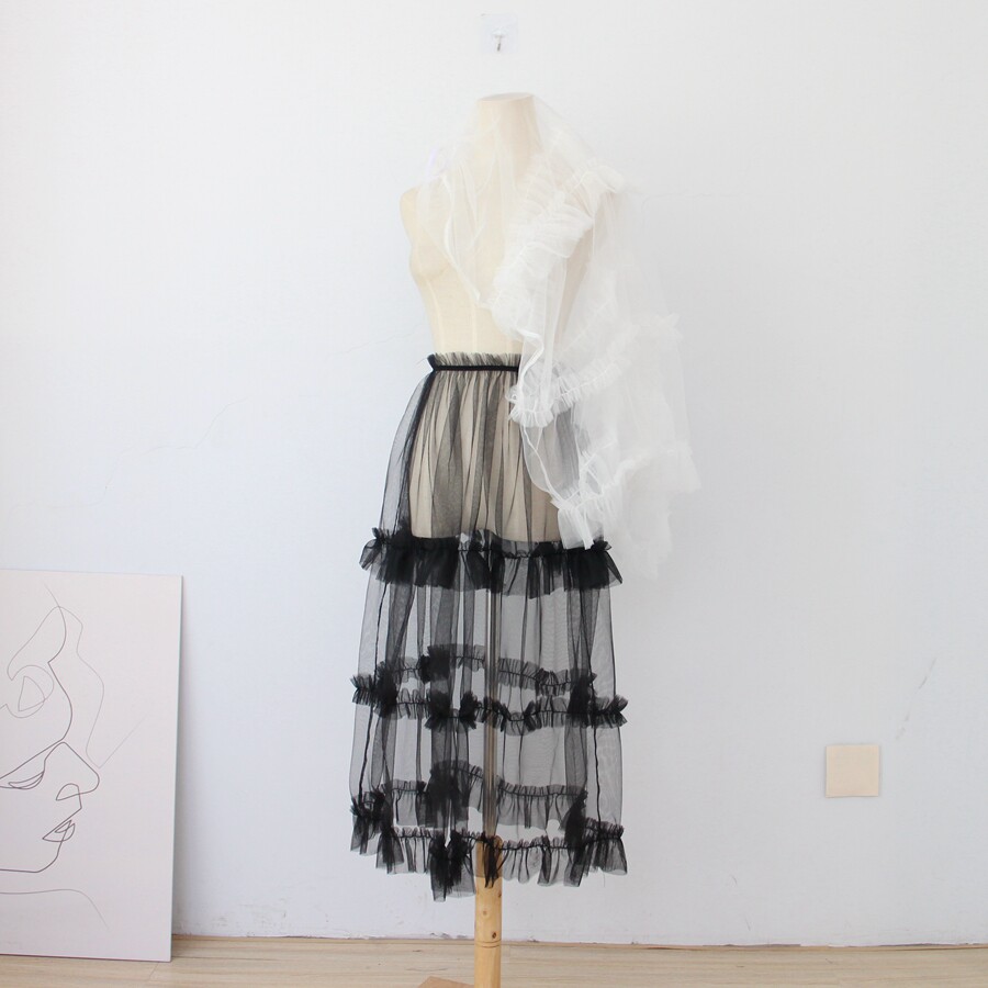 透明网纱裙中长款木耳边蕾丝裙单层透视半身裙荷叶边纱裙外搭罩裙