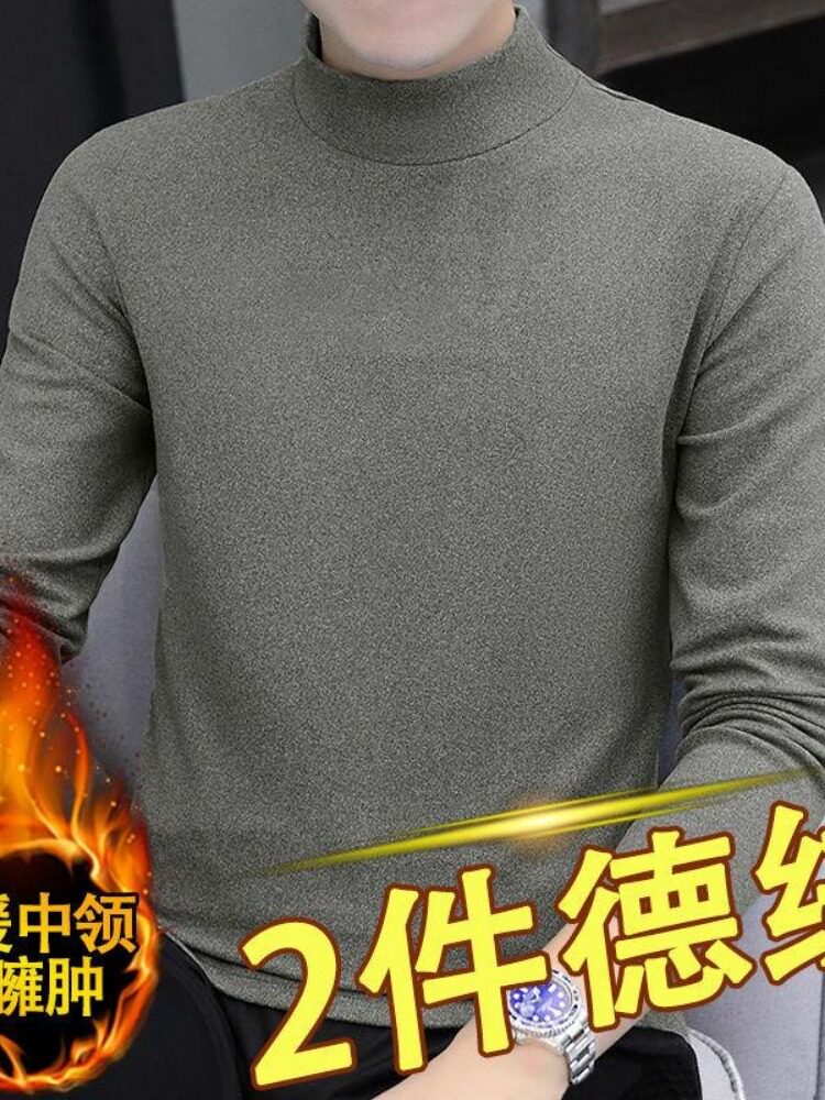 겨울 두꺼운 벨벳 남성용 긴팔 티셔츠 하프 터틀넥 바닥 셔츠 솔리드 컬러 미드 칼라 탑 따뜻한 양면 독일 벨벳