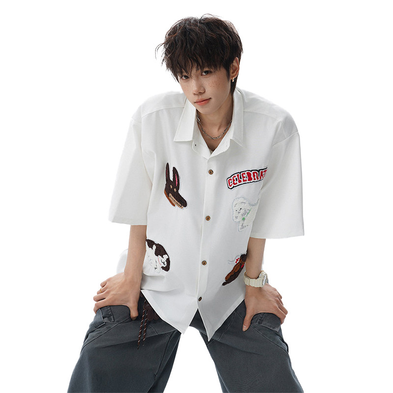 潮牌风格刺绣短袖衬衫男翻领宽松白衬衣外套冰感牛仔大码速干凉感
