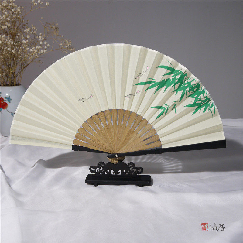 中国风禅意松鹤花鸟水墨棉麻竹柄折扇6寸7寸古风女子双面串纸折扇