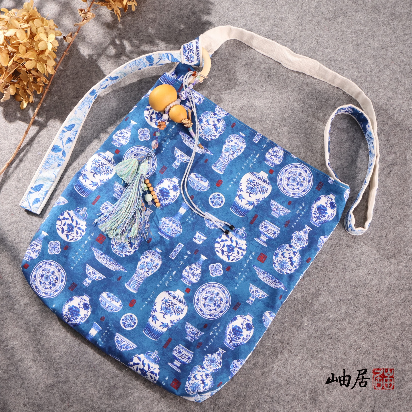 纯棉汉服包国风青花瓷斜跨单肩包