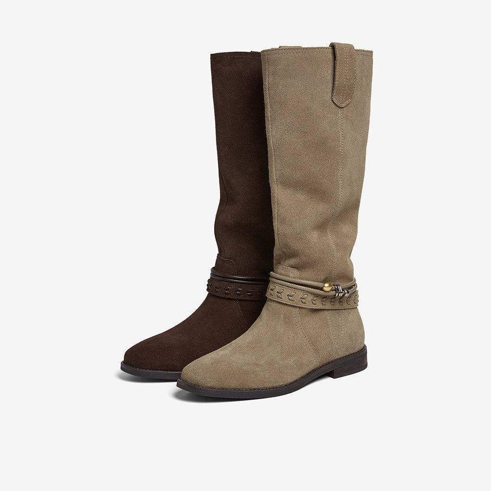 百思图2025冬季商场新款真皮西部牛仔靴堆堆靴女高筒长靴E5652DG5,女鞋,西部靴,淘宝优惠券,粉丝福利购,淘宝优惠卷