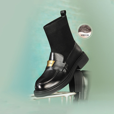 百思图秋冬商场新款休闲厚底乐福弹力袜靴粗跟女短靴C4303DD4