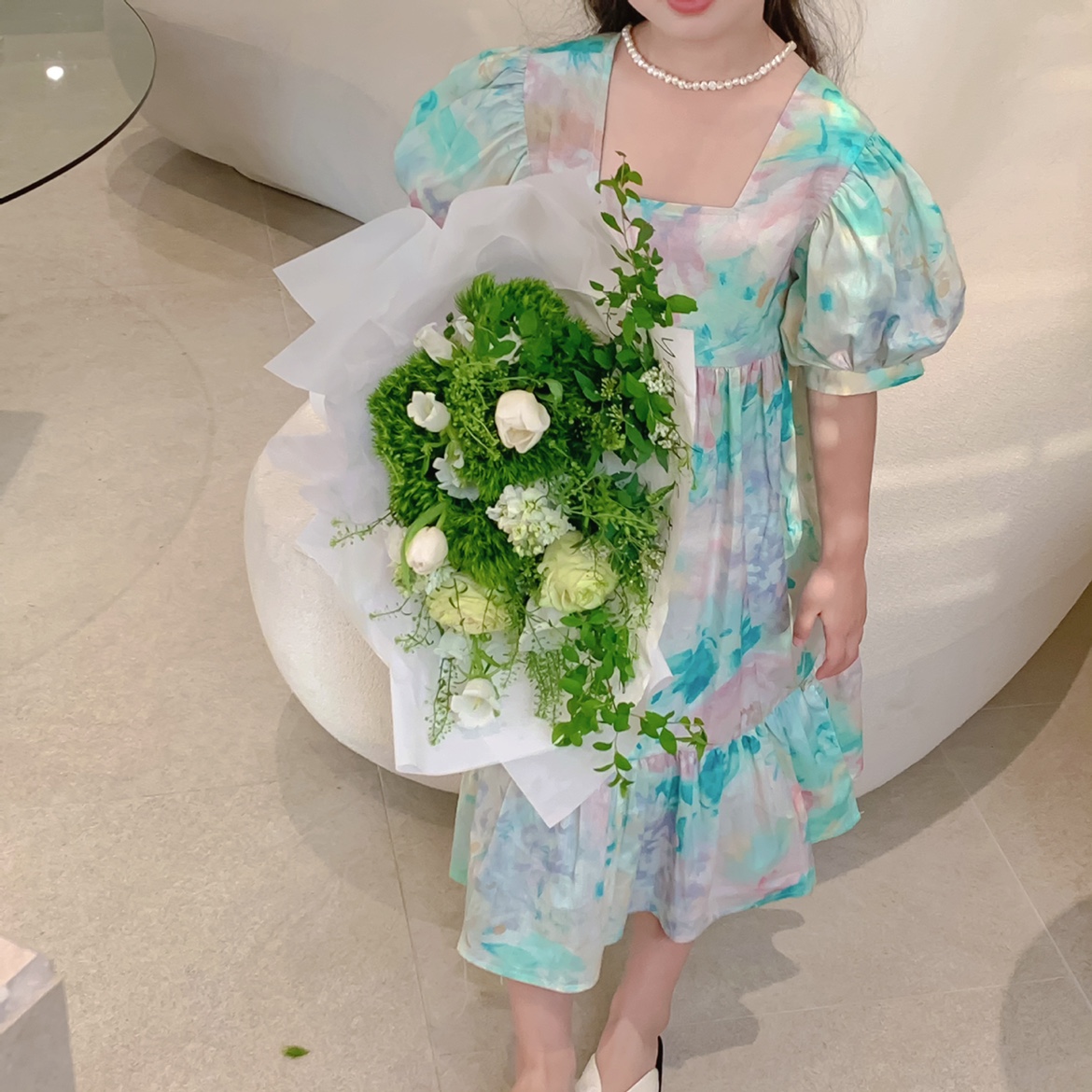 高品质扎染方领简约纯棉连衣裙显白洋气女童中大童儿童潮