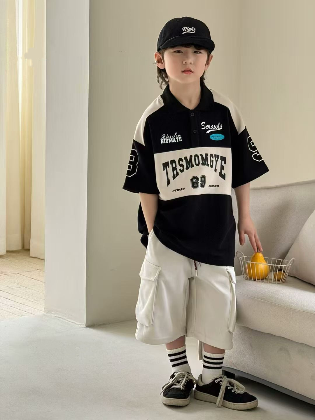 高品质夏季新款机车风撞色翻领POLO衫短袖T恤中大童男童女童亲子