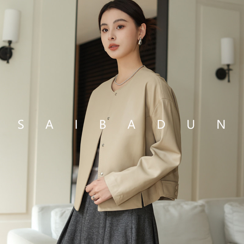 赛巴盾2025秋冬新款真皮皮衣女短款圆领夹克时尚休闲外套海宁皮衣