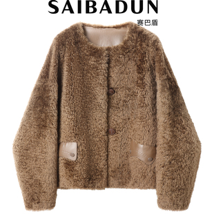 赛巴盾西班牙短毛拉贡羊皮毛一体女士短款圆领真皮皮草外套2025