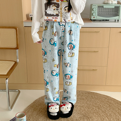 秋冬季哆啦A梦珊瑚绒睡裤女款长裤卡通懊恼休闲外穿遛弯家居裤子