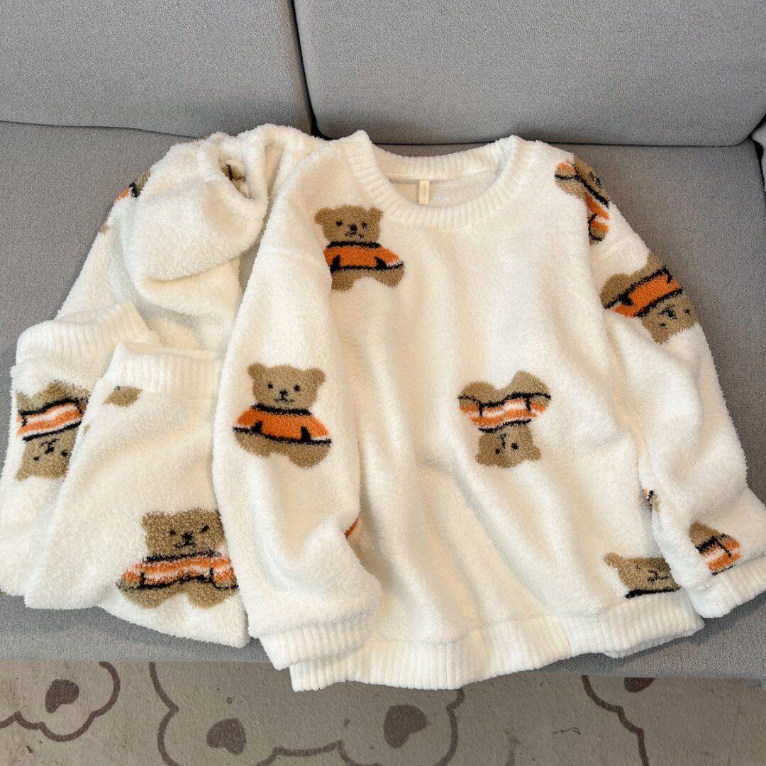睡衣女款秋冬季小熊半边绒加厚新款学生宿舍保暖家居服可外穿套装