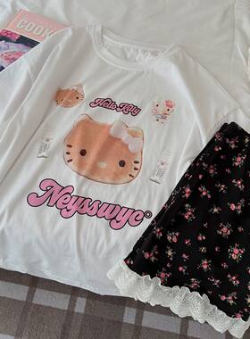 花边碎花短袖短裤舒适家居服套装