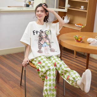 夏季新款空调睡衣女纯棉套头短袖长裤甜美可爱卡通少女家居服套装