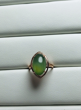 天然和田玉俄罗斯碧玉925银玫瑰金镶嵌戒指活口可调节19×13mm