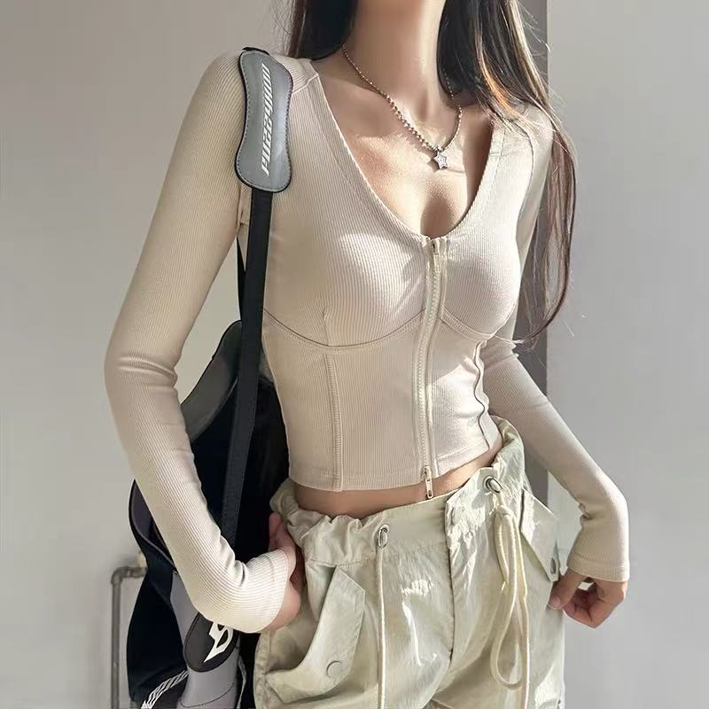 瑜伽上衣健身服女性感跑步网红百搭短款显瘦拉链运动长袖薄款新黑