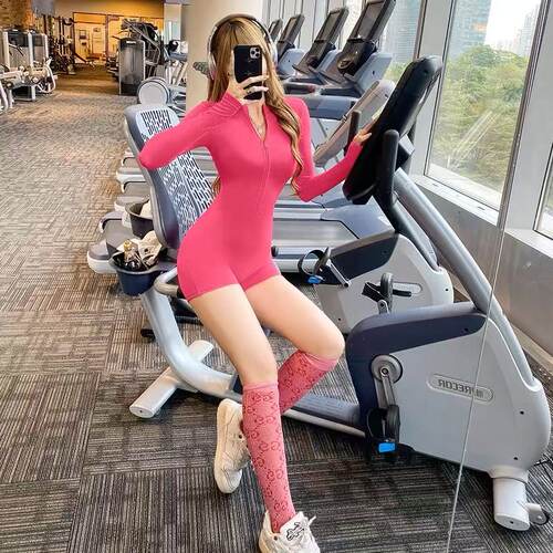拉链长袖裸感瑜伽服运动健身连体短裤训练舞蹈紧身普拉提连体衣女