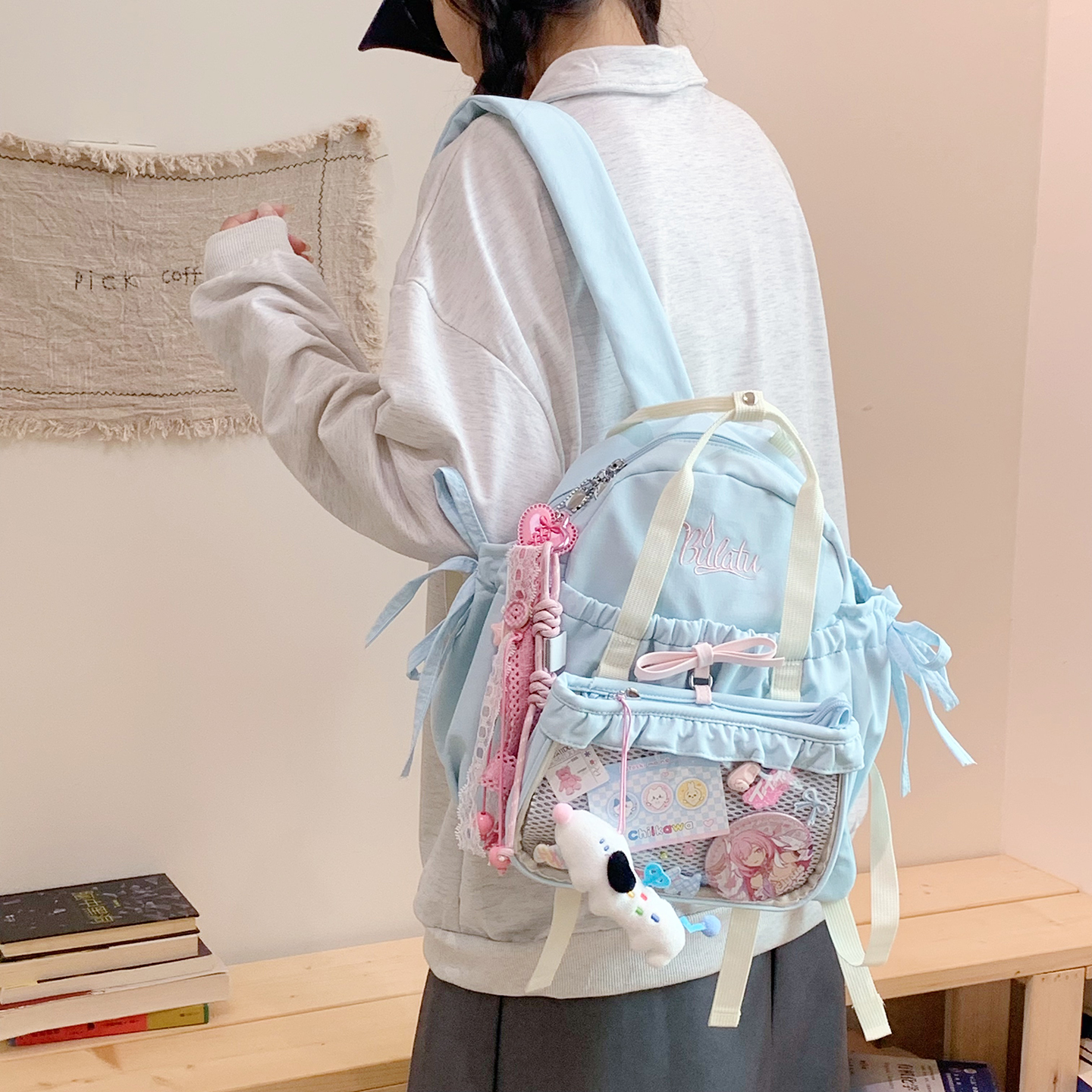 学院风软妹二次元双肩可拆卸痛包小食量吧唧包学生日常大容量书包