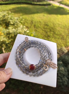 天然冰种灰月光石三圈手链强蓝光鸽血红草莓晶转运小众设计款原创