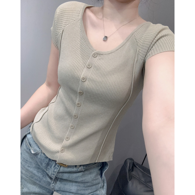 低圆领开衫短袖女冰丝针织衫