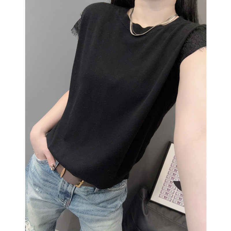 蕾丝花边短袖女冰丝针织衫小飞袖图片