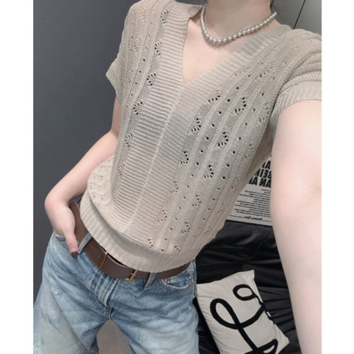 性感镂空短袖女冰丝针织衫气质