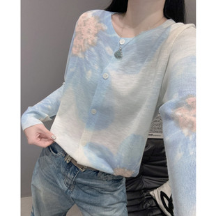 外搭开衫 竹节麻防晒冰丝针织衫 洋气印花宽松罩衫 女时尚 上衣夏 长袖