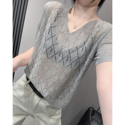 性感微透V领短袖女菱形镂空冰丝针织衫宽松微透罩衫叠穿上衣夏季