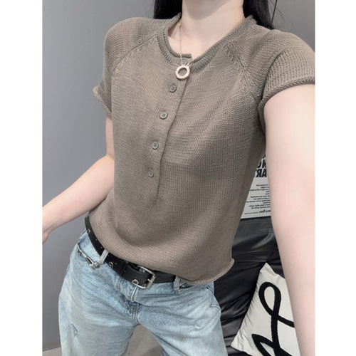 圆领短袖女冰丝针织衫半开领纽扣