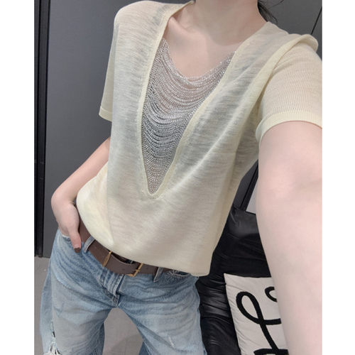 竹节麻深V领冰丝针织衫欧洲站
