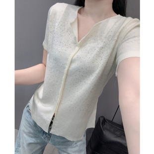 拼接开叉上衣夏装 欧货烫钻洋气百搭宽松时尚 女短袖 V领冰丝针织衫