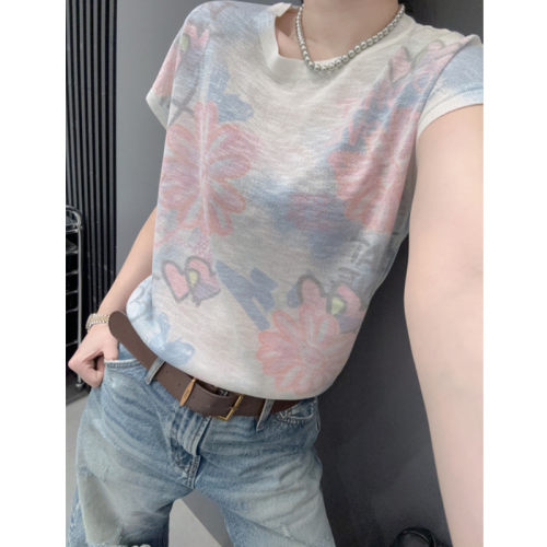 时髦印花短袖女冰丝针织衫宽松