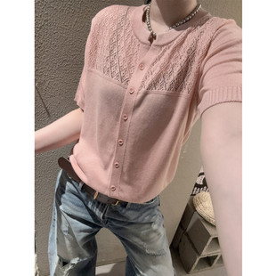 提花镂空开衫女短袖冰丝针织衫休闲小众气质显瘦宽松上衣欧货夏天