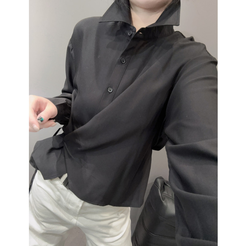 春夏歐貨洋氣設(shè)計(jì)感黑色襯衫女長袖慵懶風(fēng)寬松顯瘦垂感不規(guī)則上衣