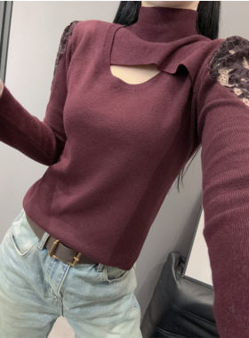 高领针织衫长袖女性感镂空打底衫