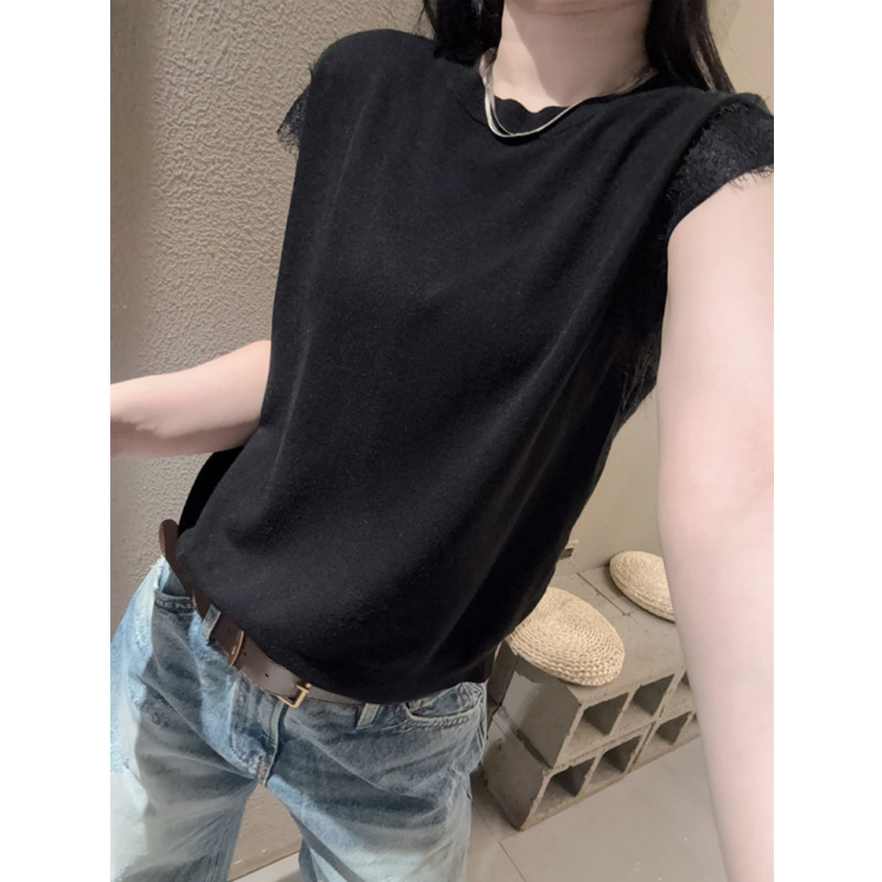 蕾丝花边短袖女冰丝针织衫小飞袖图片