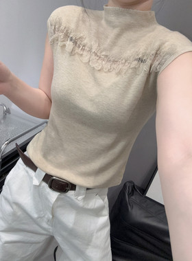性感镂空针织衫短袖女拼接蕾丝洋气设计感修身半高领打底衫上衣秋