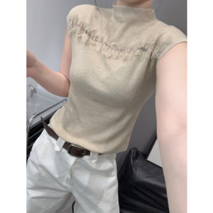 半高领打底衫 女拼接蕾丝洋气设计感修身 上衣秋 短袖 性感镂空针织衫